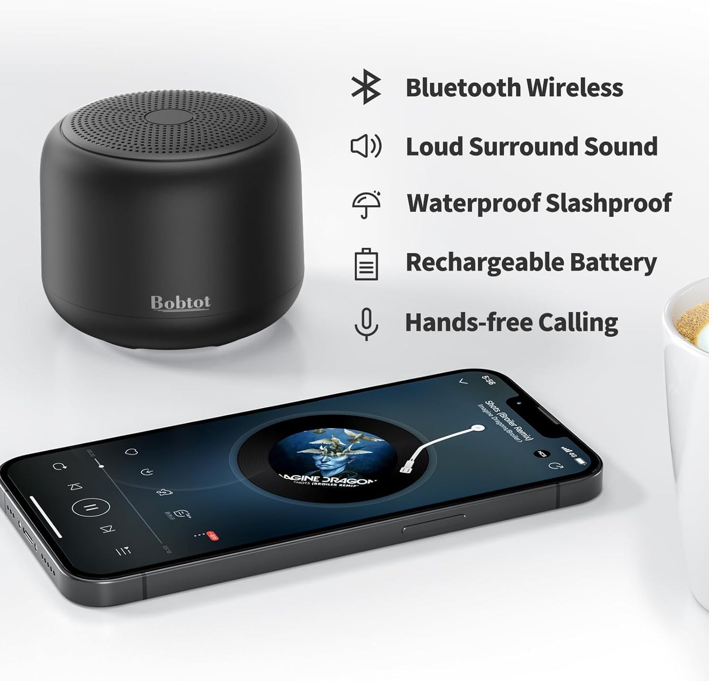 Bobtot Portable Bluetooth Speakers with Strap Easy to Carry, Wireless IPX5 Waterproof Mini Speaker with Loud Stereo Sound, 20 Hours Playtime, Rechargeable Battery, Built-in Microphone, Black