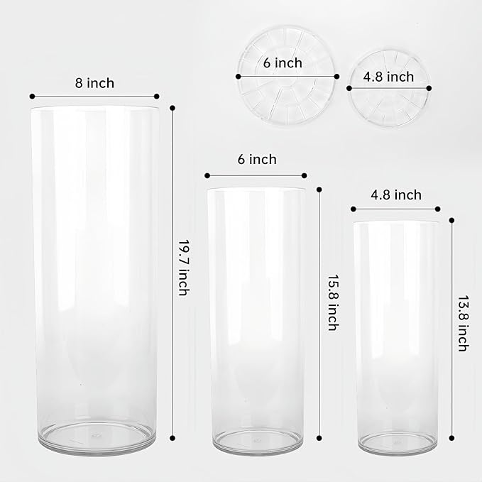 Extra Large Acrylic Cylinder Clear Vase for Floor, Tall Big Wide Mouth Plastic Unbreakable Hurricane Flower Vases of 3 for Home Decor (D 8" X H 19.7", D 6", D 4.8" + 2 Holder)