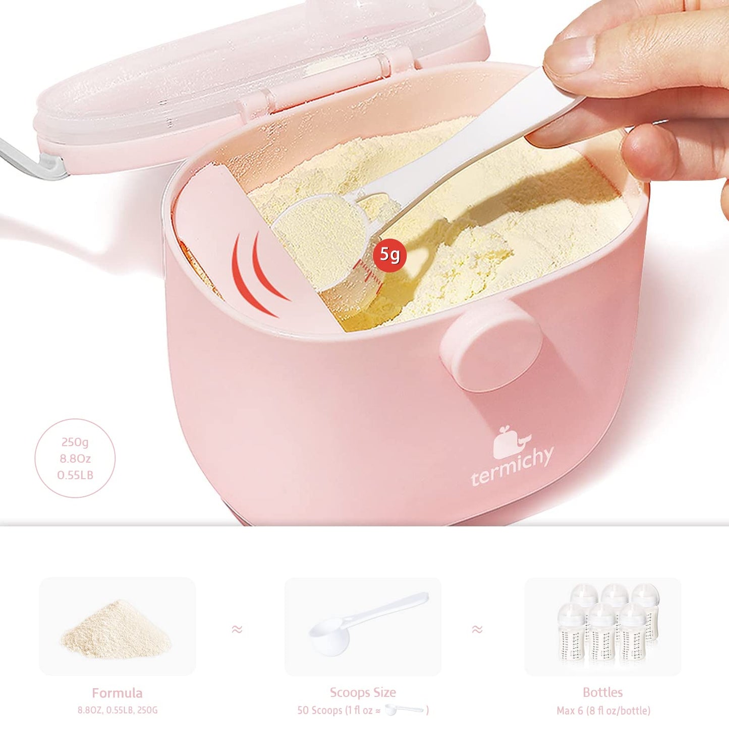 Termichy Baby Formula Dispenser, Portable Milk Powder Dispenser Container with Carry Handle and Scoop for Travel Outdoor Activities with Baby Infant, 8.8OZ, 0.55LB, 250g (Pink-2pack)