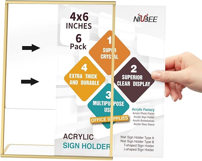 NIUBEE 4 x 6 Gold Frames, 6 Pack Acrylic Slanted Back Gold Picture Frames for Wedding Table Numbers, Restaurant Signs, Photos, Perfect for Wedding, Party, Event