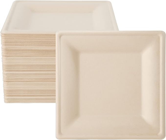 ECOLipak 125 Pack Compostable Square Paper Plates 6 inch Disposable, Eco-friendly Heavy Duty Biodegradable Sugarcane Plates