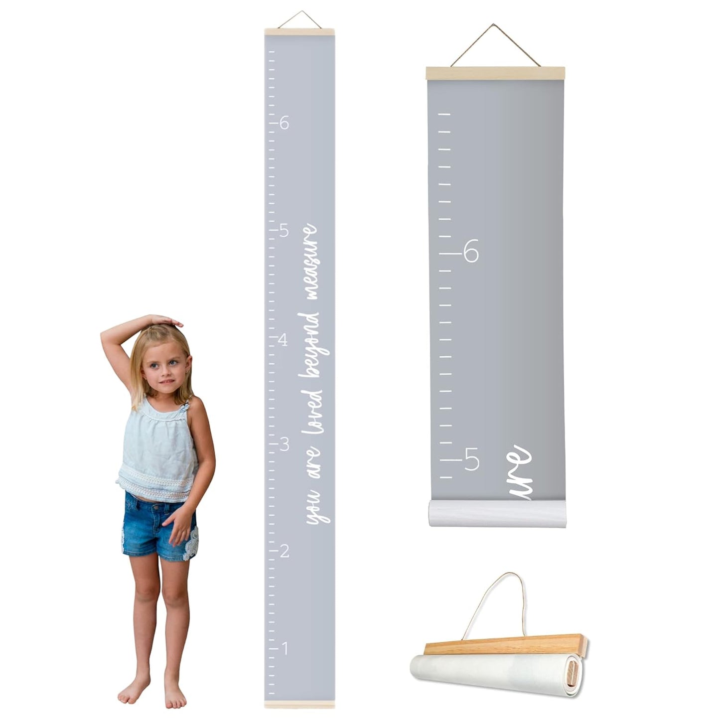 Morxy Canvas Growth Chart for Kids - Unisex Kids Room Wall Decor - Measuring Height Chart- Wall Tape with Height Chart for Kids (Canvas, Loved Beyond Measure- Gray)