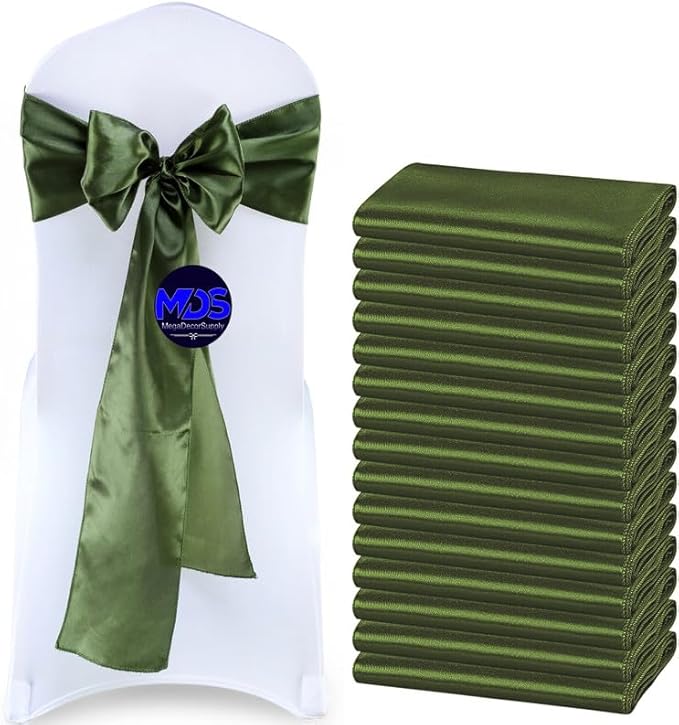 MDS Pack of 300 PCS Satin Chair Sashes Charmeuse Sateen Dining Chair Bows Ribbon Ties Back Sash for Wedding Party Birthday Home Hotel Restaurant Banquet Decoration (7 x 108 Inch, Olive Green)