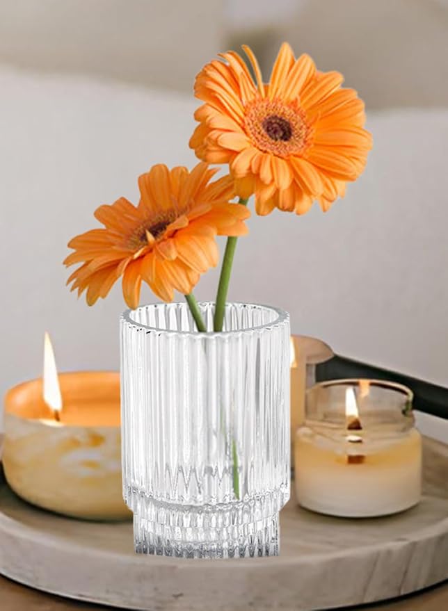 Serene Spaces Living Ribbed Glass Votive Holders – Elegant Pleated Candle Holders for Tea Lights, Votive Candles – Decorative Glass Holders for Home, Weddings, 3.75" Tall and 2.25" Diameter, Set of 4