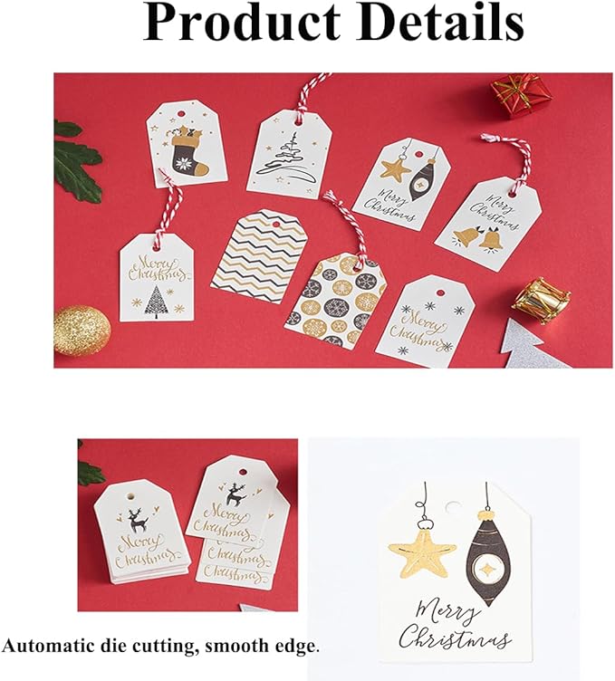 100 Pack Fashion Christmas Gift Tags， Xmas Fashion Gift Tags with Jute Twine Baker Twine for DIY Xmas Holiday Present Wrap Stamp and Label Package Name Card