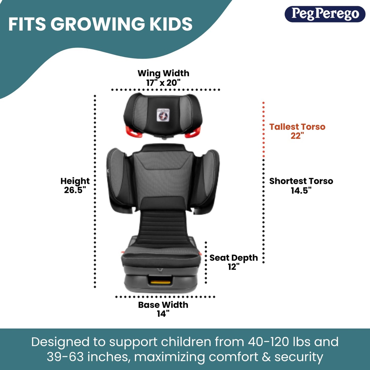 Peg Perego Viaggio Flex 120 Booster, 4D Total Adjust for Safety & Comfort, No Armrests, Compact Fold for Travel, 40-120 lbs, Made in Italy, Licorice (Black)