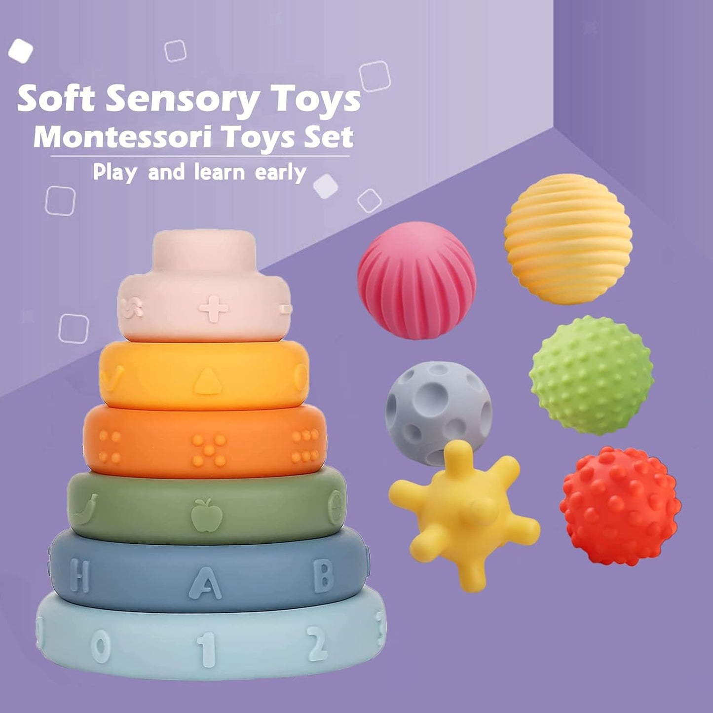 Montessori Toys Soft Stacking Building Blocks Rings Balls Sets 3 in 1 Baby Toys Bundle for Babies 6-12 Months Sensory for Toddlers 1-3 Teething Bath for Infants Learning Toy