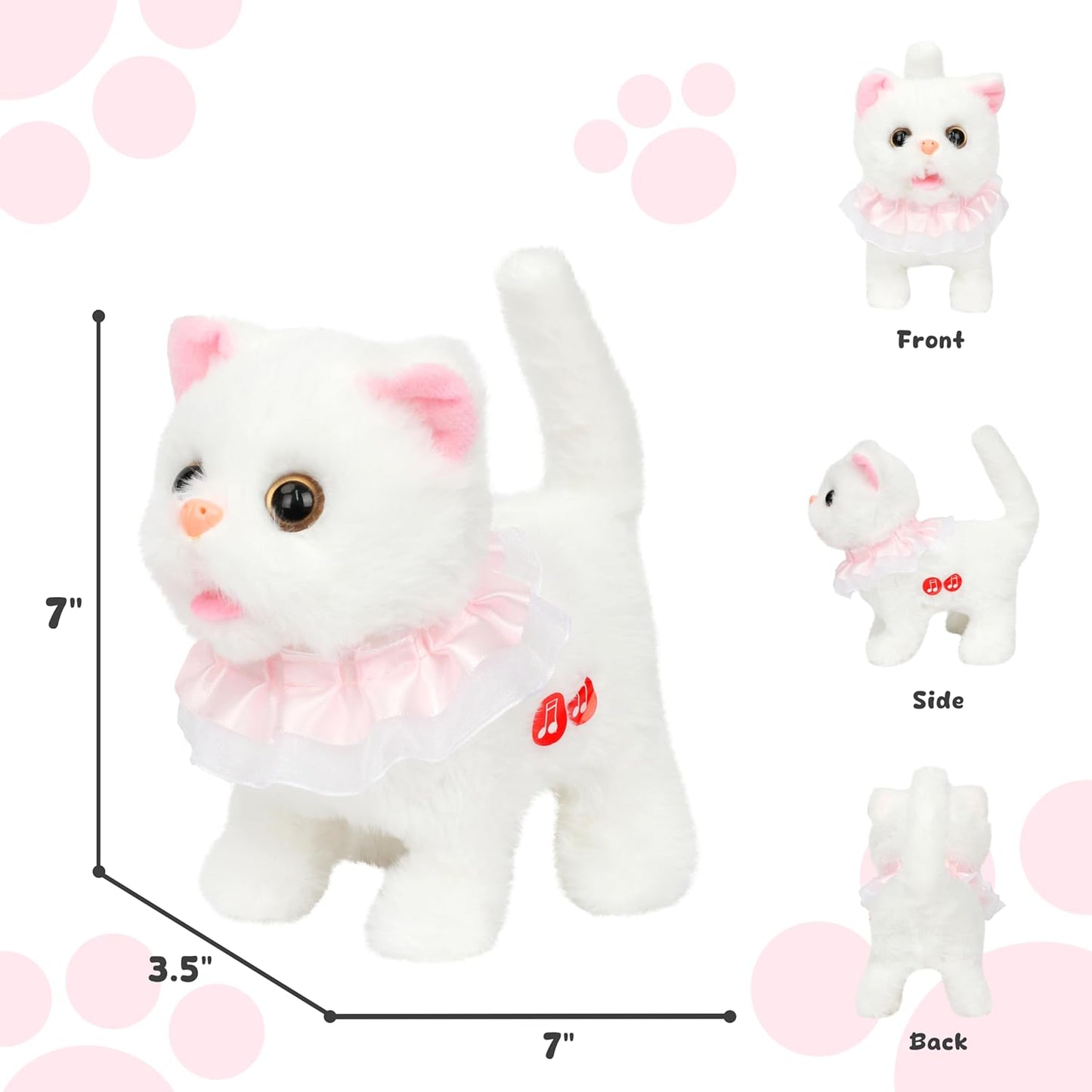 Easfan 7" Walking Plush Kitty Toy Stuffed Animal Electric Interactive with Dress Talking Musical Cute Plush Toy White Cat Tail Wagging Christmas Birthday Gifts for Kids Toddlers