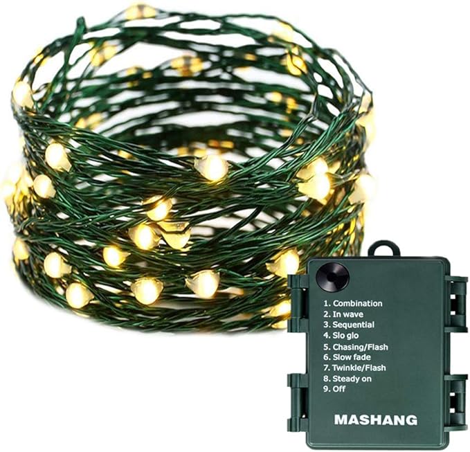 MASHANG Christmas Lights Battery String Lights 33FT 100 Micro LEDs Starry Lights Fairy Lights Firefly Lights with Dark Green Copper Wire for Christmas Tree, Wreath, DIY, Wedding, Holiday(Warm White)