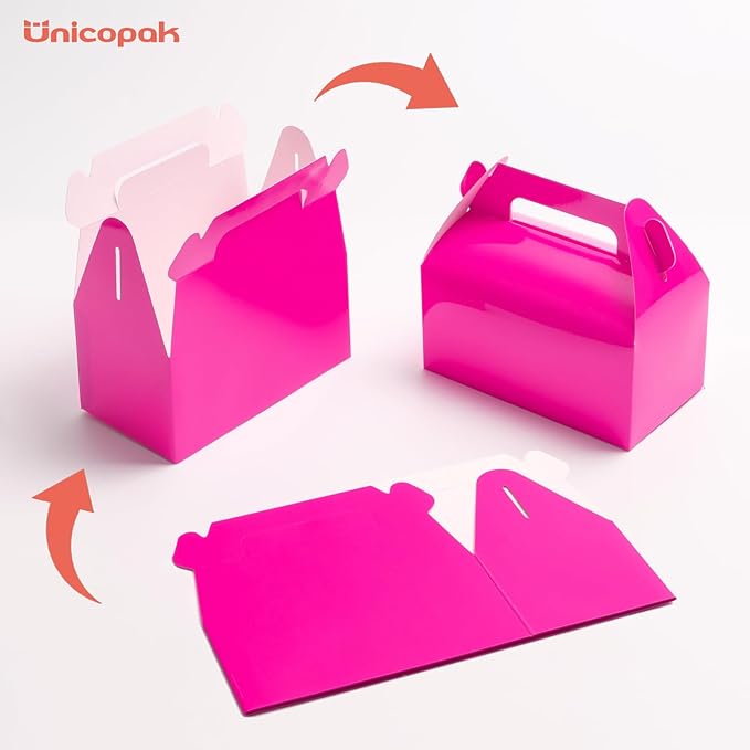 UnicoPak 30 Pack Shiny Hot Pink Gable Gift Boxes Party Favor Boxes, Candy Treat Boxes Goodie Bags for Candy, Treats, Girl Theme Birthday Party Wedding Valentine Baby Shower – 6.5x3.5x3.5 Inches