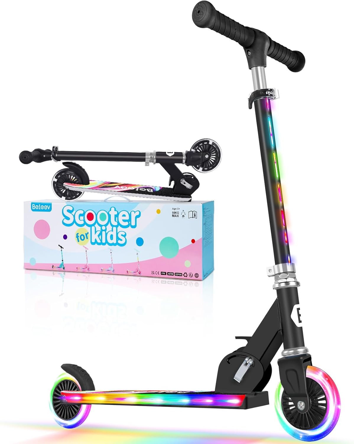 BELEEV V2 Scooters for Kids with Light-Up Wheels & Stem & Deck, 2 Wheel Folding Scooter for Girls Boys, 3 Adjustable Height, Non-Slip Pattern Deck, Lightweight Kick Scooter for Children Ages 3-12
