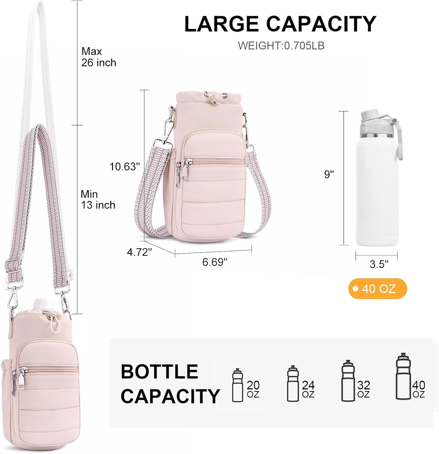 Water Bottle Bag 40 oz Crossbody Holder for Walking Hiking Insulated Carrier Purse with Adjustable Strap