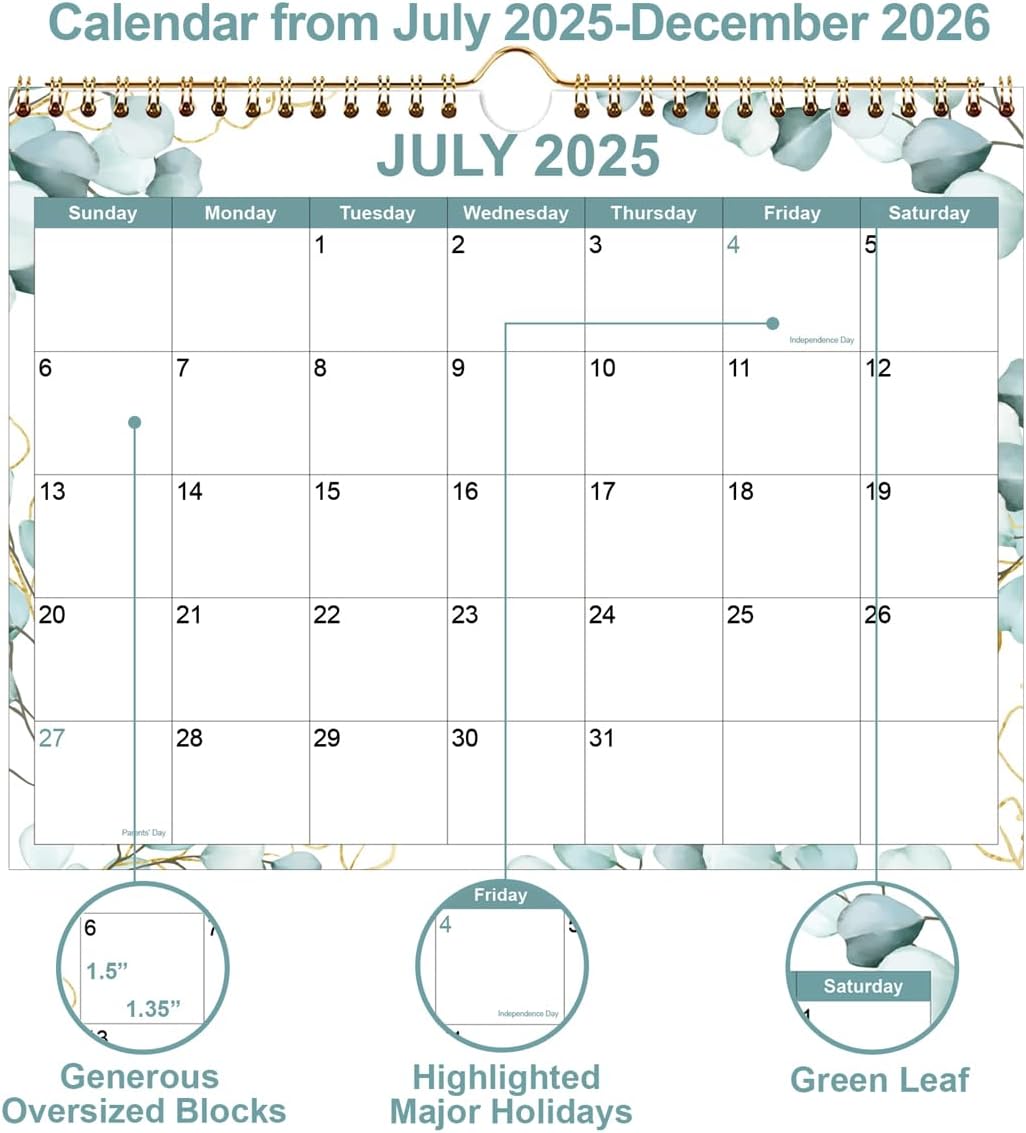 Calendar 2025-2026, Wall Calendar from September 2025 - December 2026, 18 Months Calendar with Premium Paper, Twin-Wire Binding & Hanging Hook, 8.5" x 11", Green Leaf