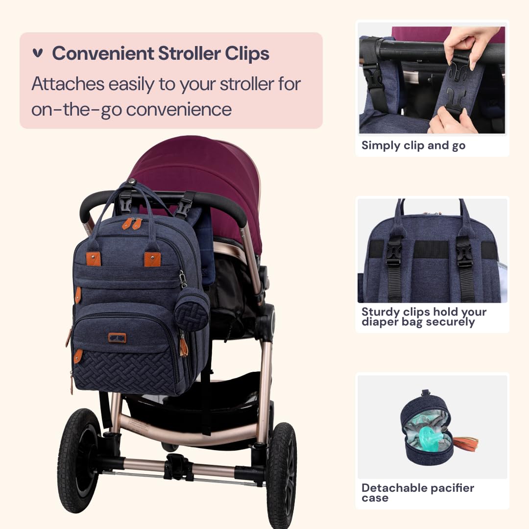 BabbleRoo Diaper Bag Backpack - Baby Essentials Travel Tote - Multi Function Waterproof Diaper Bag, Travel Essentials Baby Bag with Changing Pad, Stroller Straps & Pacifier Case - Unisex, Navy Blue