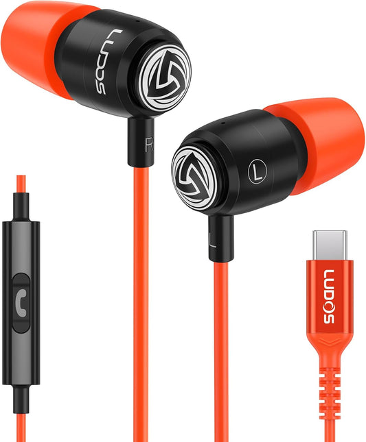 LUDOS Clamor USB C Headphones for iPhone 16 15 Pro Max Plus iPad Pro, 5 Years Warranty, USB-C Earbuds for Samsung Galaxy S24 S23 Ultra S22 S21 FE S20 A55 A54 A53, USB Type C Earphones - Coral