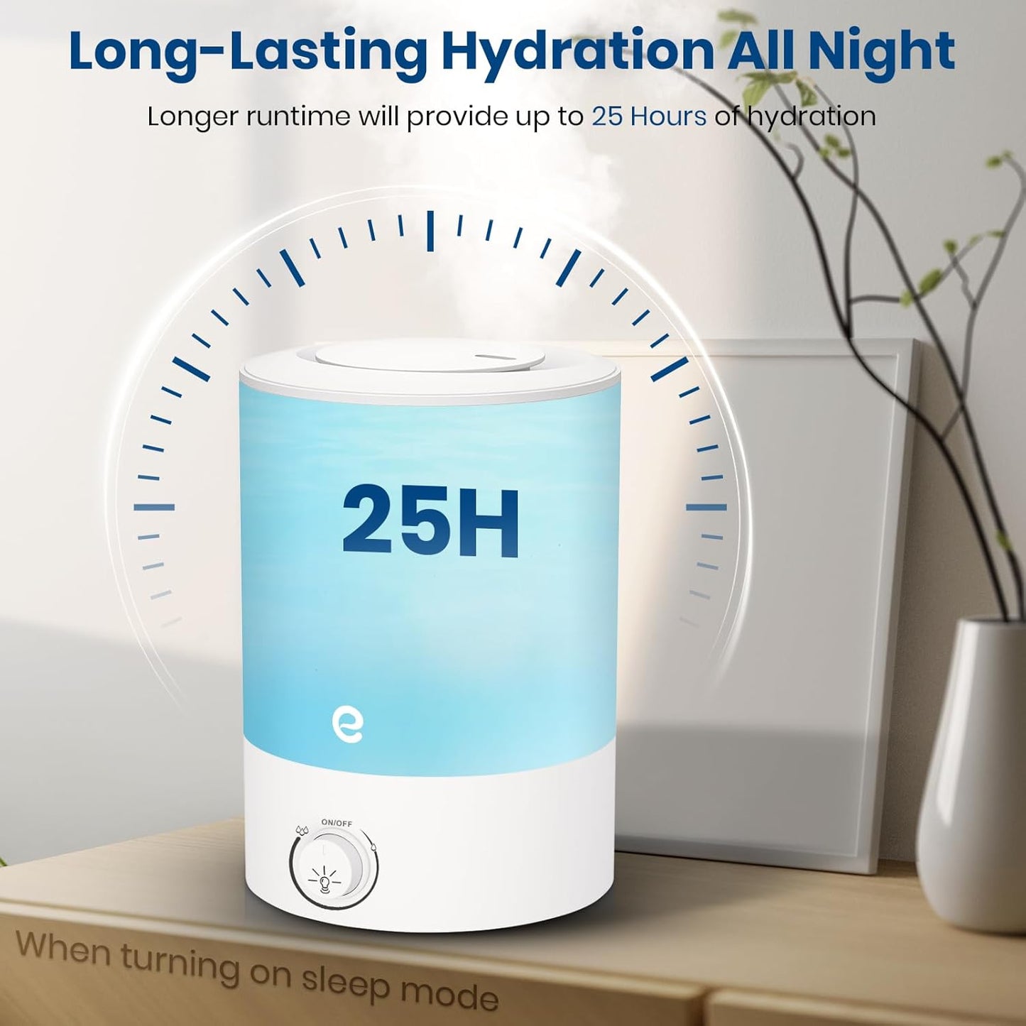 Esemoil Humidifiers for Bedroom, 2.5L Cool Mist Ultrasonic Air Humidifier with Top Fill & Quiet, 360° Nozzle, BPA Free, 25 Hour Diffuser with 8 Color Light & Auto Shut-off for Home Baby Nursery Plants