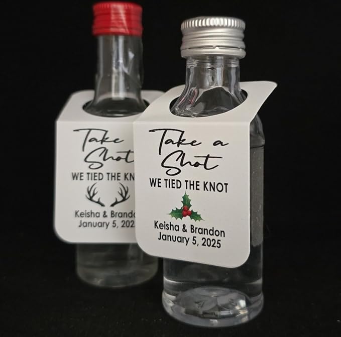 Take a Shot We Tied (or are Tying) The Knot (Rectangle Tags) 1.5" x 3" with Hanging Hole, Set of 25 Tags Personalize with Names,