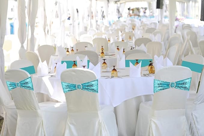 50 Pcs Sequin Chair Sashes Stretch Chair Bands Spandex Polyester Bows for Party Hotel Wedding Banquets Decoration - Aqua