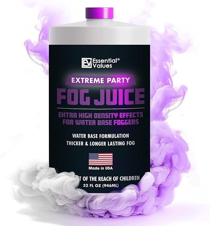 Essential Values Fog Machine Liquid - Long-Lasting Fog Juice for Smoke Machine Extreme High-Density, 32oz/Quart – Manufactured in USA – Water Based Foggers 700+ Watt Machines