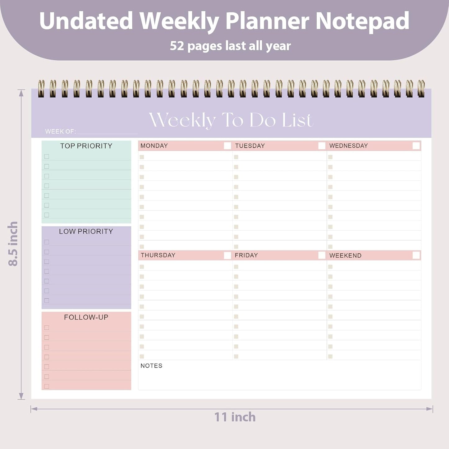 Weekly To Do List Notepad, Undated Planner with 52 Sheets (8.5''x11''), Desk Weekly Planner for Women & Man, Home School & Work (C-Lilac)