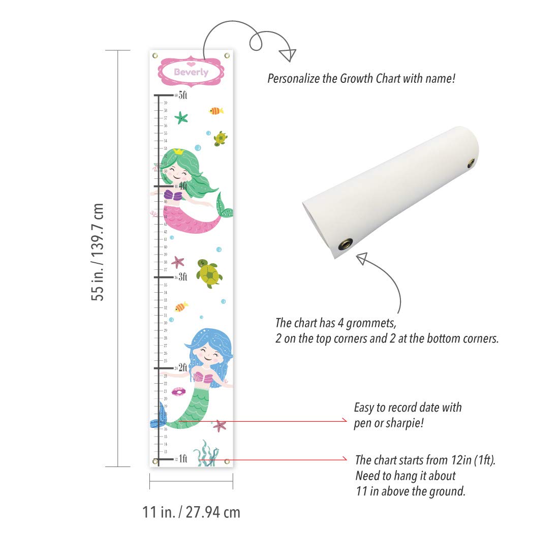 Sungwon Personalized Kids Canvas Growth Chart, Mermaid