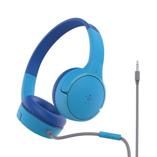 Belkin SoundForm Mini Kids Wired Headphones with Built-in Microphone & Fun Stickers, 85dB Safe Volume Limit – for Online Learning, Travel, Compatible w/iPhone 15, iPad, Galaxy S23, & More - Blue