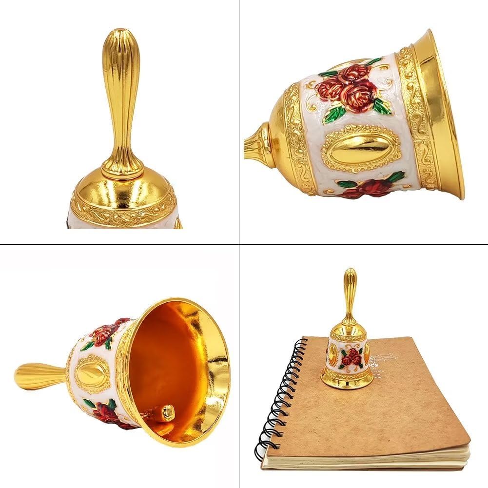 Hourwof Hand Bell,Metal Dinner Bell Decorative Wedding Bells Service Bell Call Bell Christmas Bell,Golden Red Rose