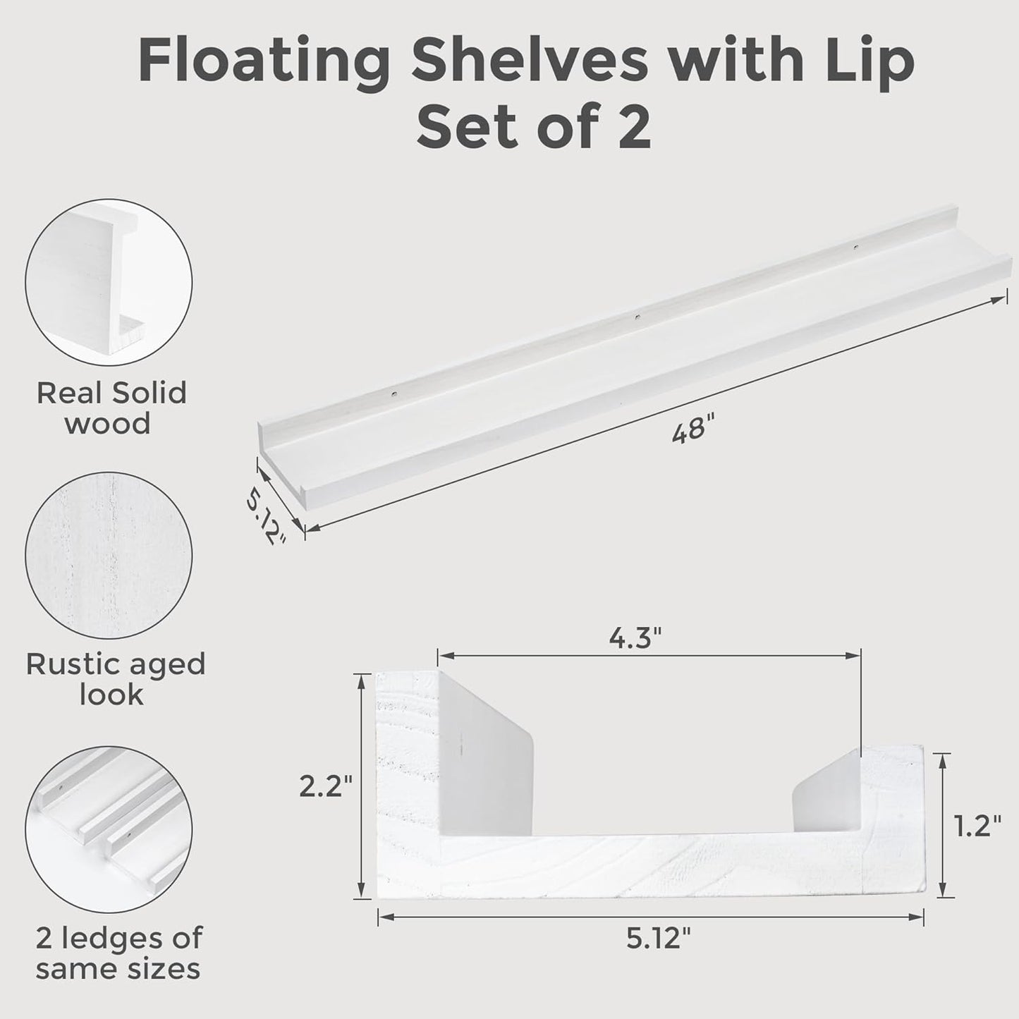 White Long Picture Shelves for Wall with Ledge, Solid Wood Floating Shelves with Lip, Wall Mounted Storage Shelves for Kitchen, Living Room, Bedroom, 48 Inch Long, Set of 2