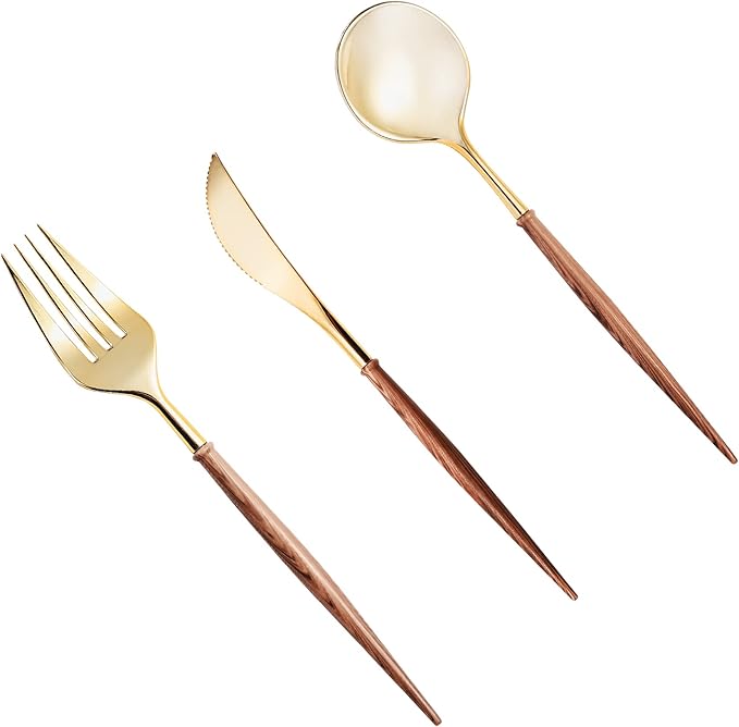 Lullaby 60pcs Gold Plastic Silverware, Gold Disposable Cutlery with Wood Grain Handle Include 20 Forks, 20 Spoons, 20 Knives, Elegant Disposable Silverware for Wedding, Party, Gathering, Daily Use