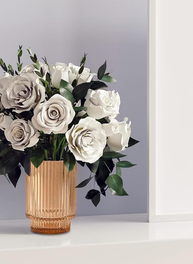 Serene Spaces Living Amber Ribbed Glass Votive Holder, Decorative Centerpiece for Wedding, Christmas, Thanksgiving, Party, Dining Table, Living Room, Home Décor, Measures 3.25" Diameter and 5" Tall