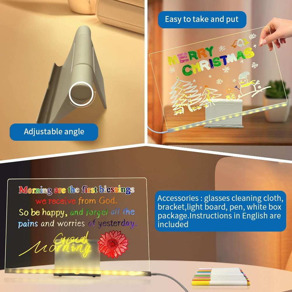 LED Note Board with Colors, 7 Colors Acrylic Message Board with Light, LED Drawing Board Gifts for Kids, Dry Erase Board with Adjustable Stand for Office School Home Decor (7.87 * 7.87 in)