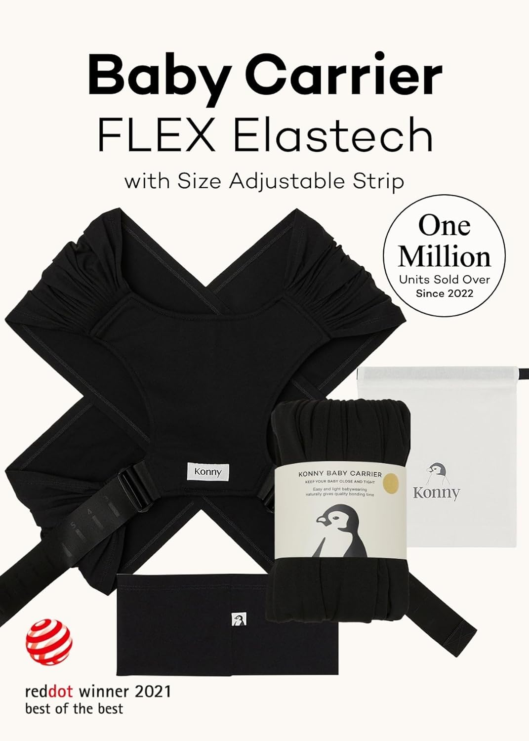 Konny Baby Carrier Flex SoftBreeze with Head Support - Adjustable, Easy to Wear Baby Wrap Sling, Perfect for Newborn Babies Essentials up to 44 lbs (M-4XL) - Black