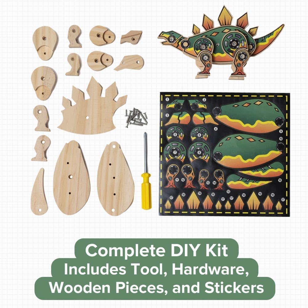 Little Jupiter DIY Wooden Kit with Stickers - Dinosaur Toys for Kids for 7-12 Yrs - Dinosaur Toy Woodworking Kits - Wood Crafts - Kids Building Kit - Wooden Crafts (Stegosaurus)