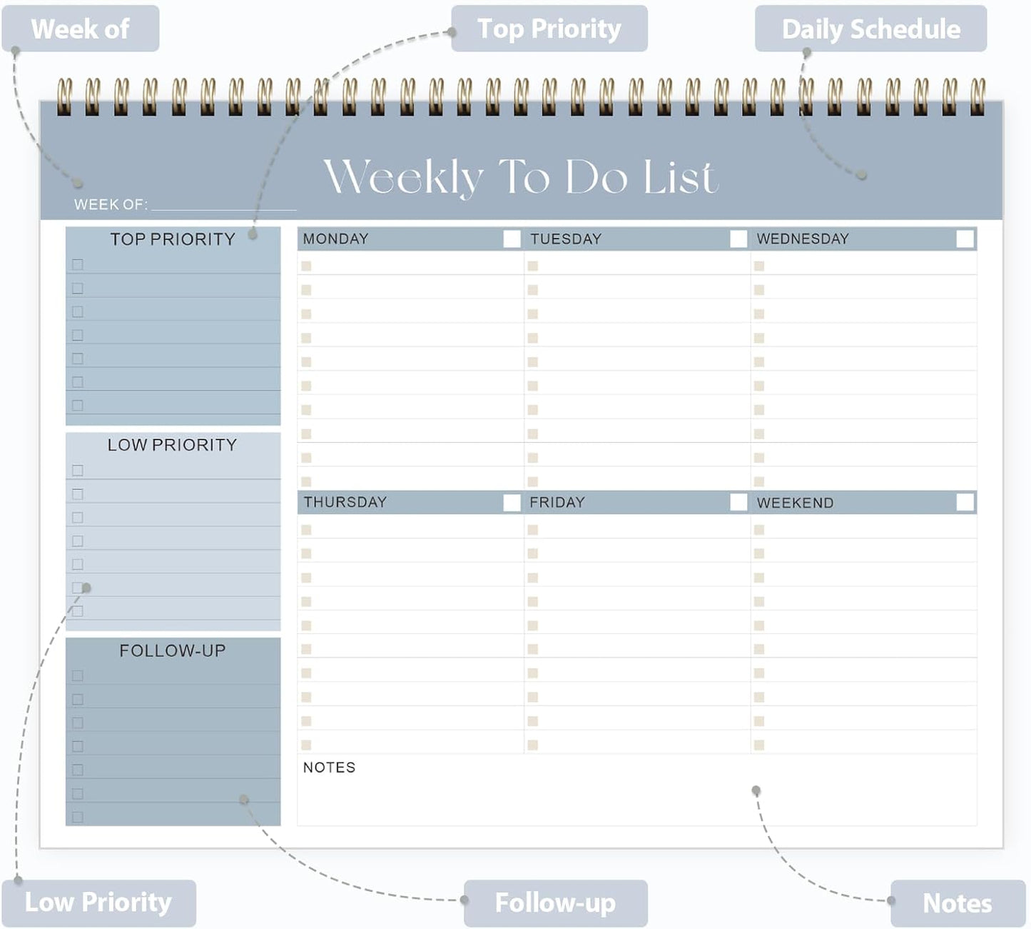 Weekly To Do List Notepad, Undated Planner with 52 Sheets (8.5''x11''), Desk Weekly Planner for Women & Man, Home School & Work (B-Blue)
