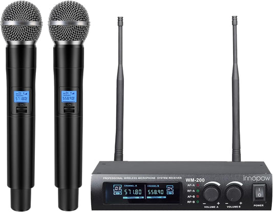 Wireless Microphone System, Dual UHF Metal Cordless Mic Set, Long Distance 150-200Ft,16 Hours Continuous, Fixed Frequency, Use for Karaoke Singing, Family Party,Church …