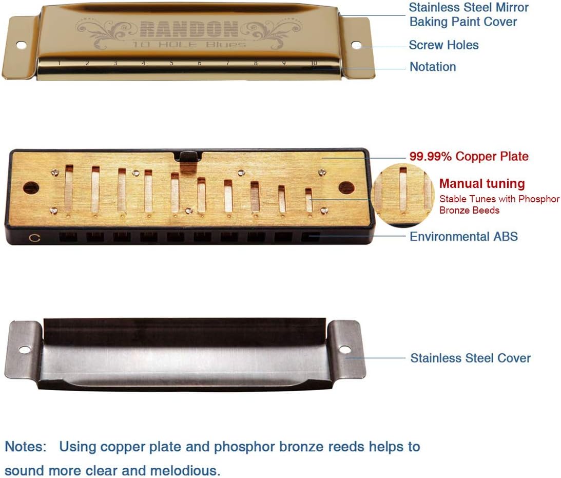 Randon Gold Harmonica Key of C, 10 Holes Diatonic Harmonicas for Adults/Kids/Beginners, Blues Harmonica as Gift, with Case, Clean Cloth and Manual