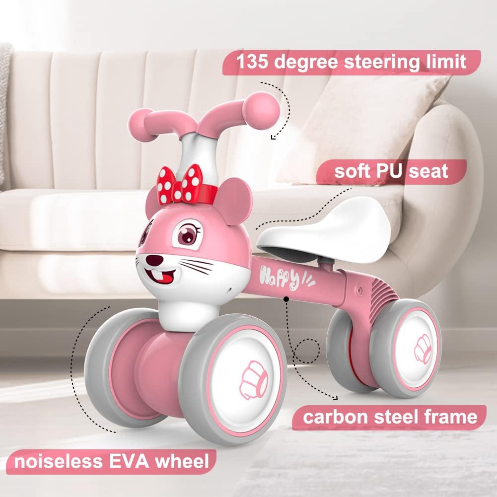 YGJT Baby Balance Bike for 1 + Year Old Boy and Girl, Indoor Outdoor Non-Pedal Baby Walker Toys for 10-36 Months Toddlers, Silent Wheels, 1st Birthday Gift, Kids First Bike Pink Mouse