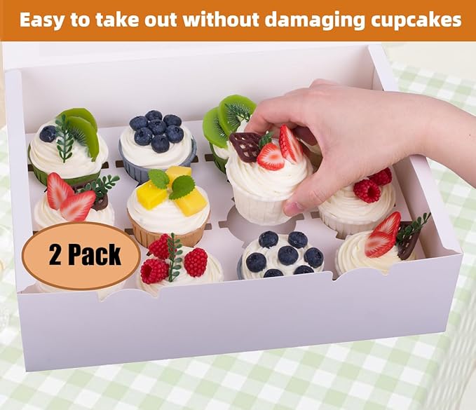 2-Set Cupcake Boxes Hold 12 Standard Cupcakes, Food Grade Cupcake Holders Bakery Carrier Boxes with Windows and Inserts for Cupcakes, Muffins and Pastries (White-2 Pack)