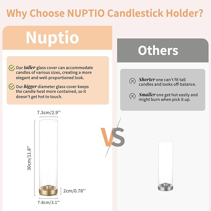 NUPTIO Gold Taper Candle Holders: 2 Pcs Hurricane Metal Candlestick Holder Stand with 11.81 inch Tall Clear Glass Open Ended Cylinder Covers for Tapered Candles Wedding Party Centerpieces for Tables