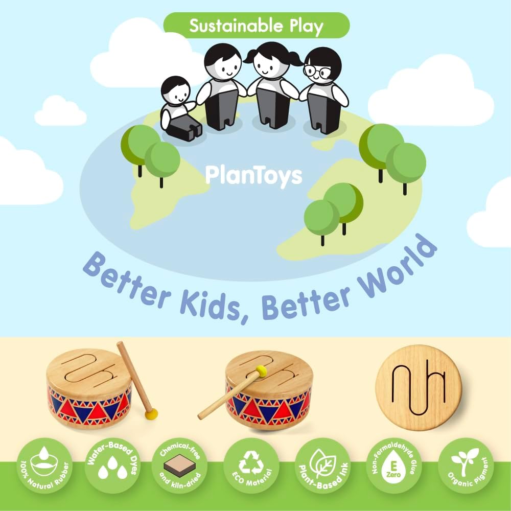PlanToys® Solid Drum Wooden Musical Toy for Toddlers | Pretend Play Instrument for Kids | Eco-Friendly Percussion Toy for Coordination, Creativity & Early Learning Development