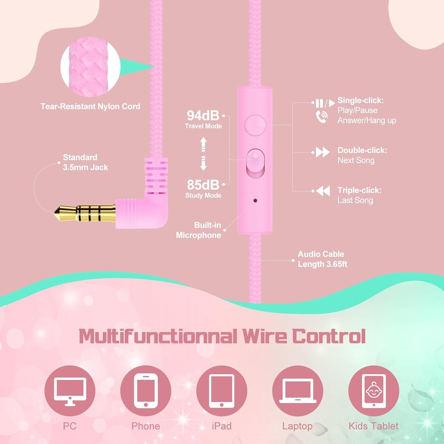 QearFun Kids Headphones Wired with Mic, 85/94dB Safe Volume Limit, Foldable Over Ear, Tangle-Free Cord & Sharing Port, Wired On-Ear Headset for School, Chromebook, Tablet, Travel - Boys & Girls