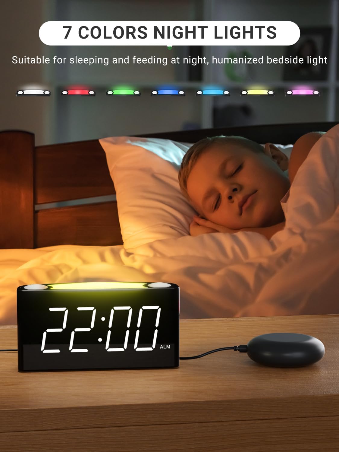 Vibrating Alarm Clock,PPLEE Loud Alarm Clock for Heavy Sleepers Hearing Impaired Deaf Teens,Bed Shaker Alarm Clocks for Bedrooms,5 dimmable,7 Color Night Light,USB charging,Type-C Charger,Memory Alarm