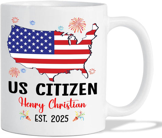 Customized US Citizen Coffee Mug Gift For Citizenship Celebration, Unique US Citizenship White Coffee Cup 11 15Oz, Personalized Year Name New American Citizen Mug Gifts For Grandpa Grandma Uncle Aunt