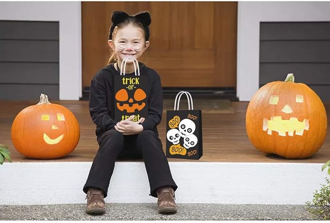 16 PCS Halloween Treat Bags for Kids Trick or Treat Candy Bags, Glow in The Dark Bags with Handles for Halloween Party Favors