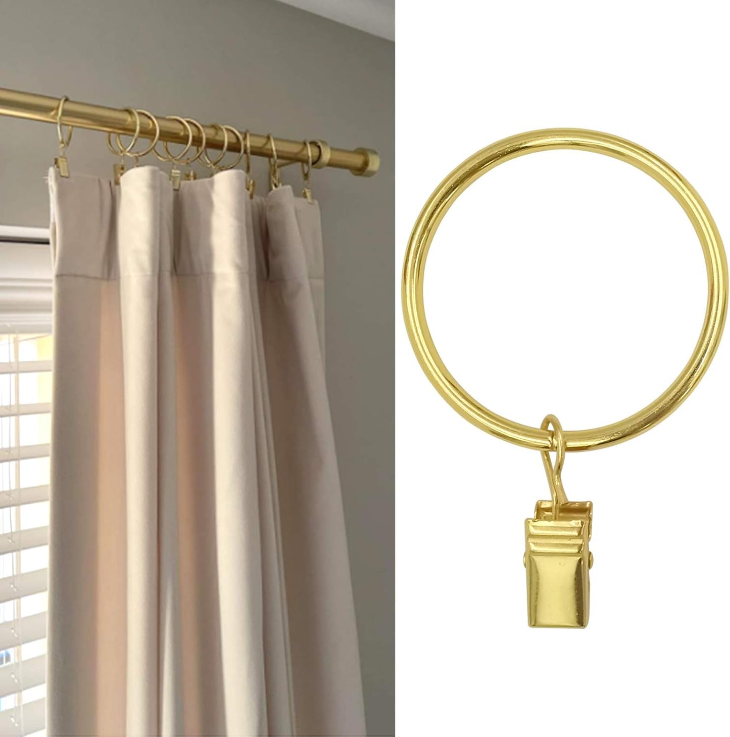 20 Pack Gold Curtain Rings with Clips, Curtain Hooks Hangers Clip Rings for Hanging Drapes Bows Hat, Drapery Rings 1.77 in I D, Fits up to 1.5 in Diameter Curtain Rod.