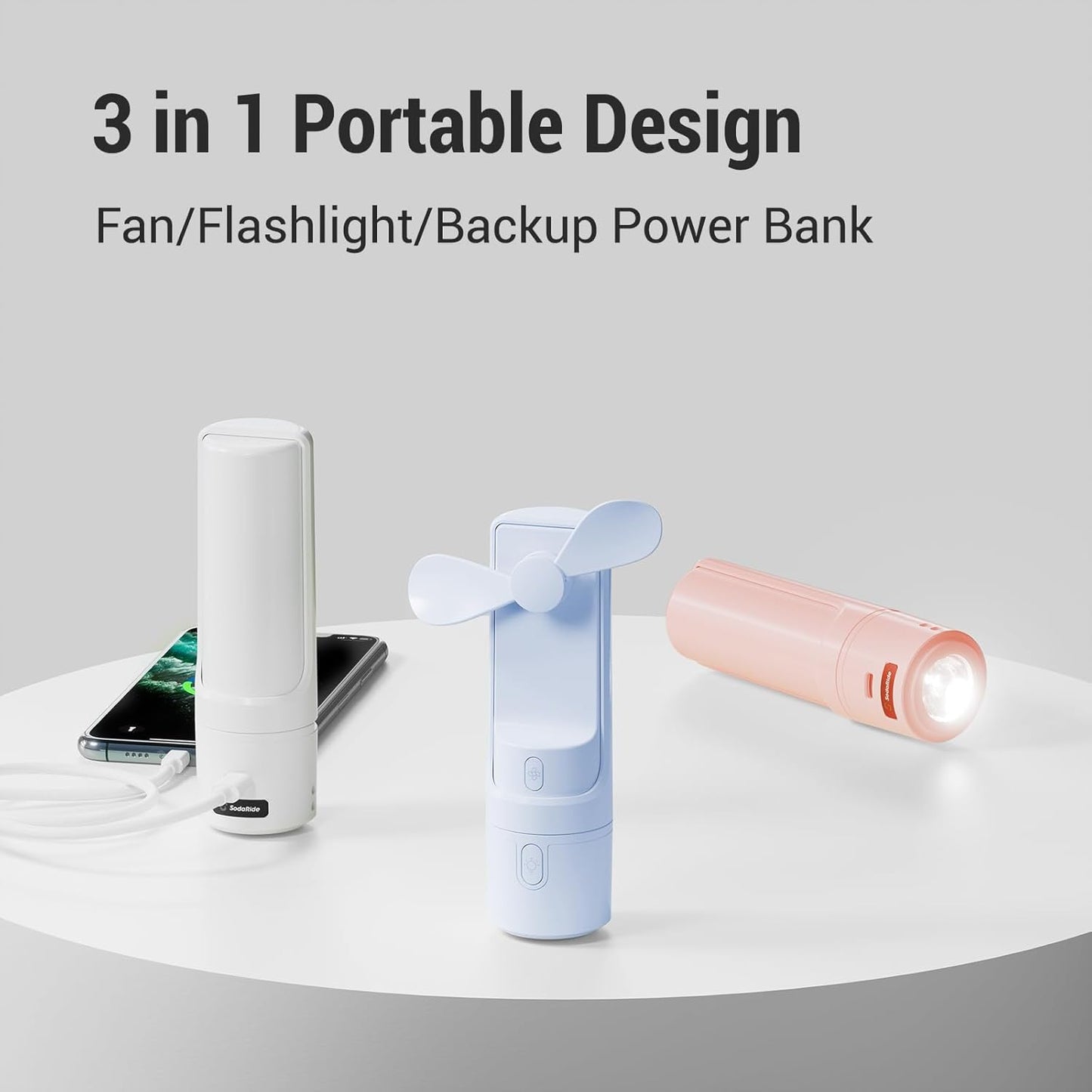 Airluxe Mini 3-in-1 Portable Fan Rechargeable- Handheld Fan with 35-Hour Battery Life, Fast Charging Power Bank&Flashlight- Personal Fan for Travel, Vacation, and Festival Essentials White