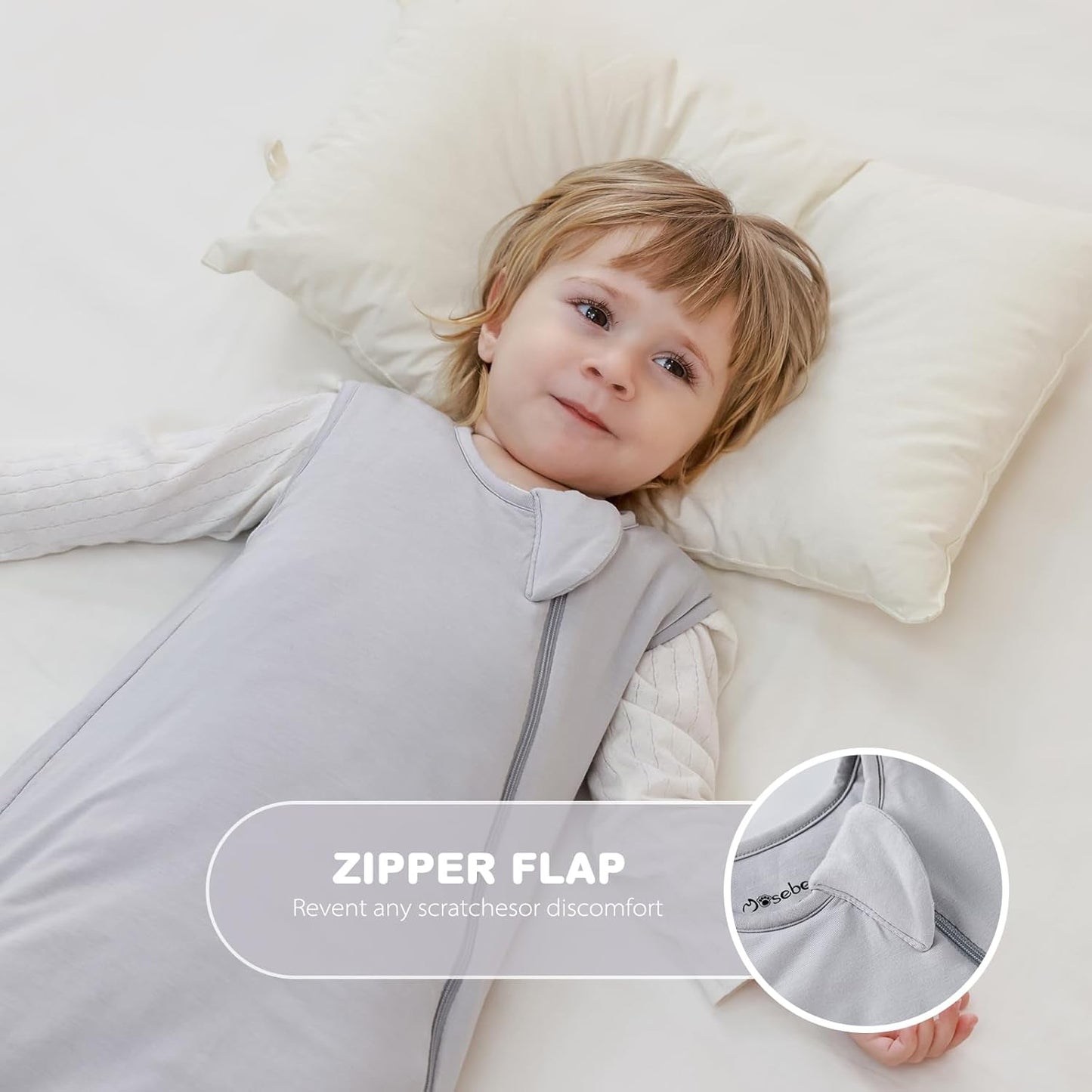 Mosebears Unisex Baby Sleep Sack 1.0 TOG, Supersoft Rayon Made from Bamboo Wearable Blanket with 2-Way Zipper (Light Grey,0-6 Months)