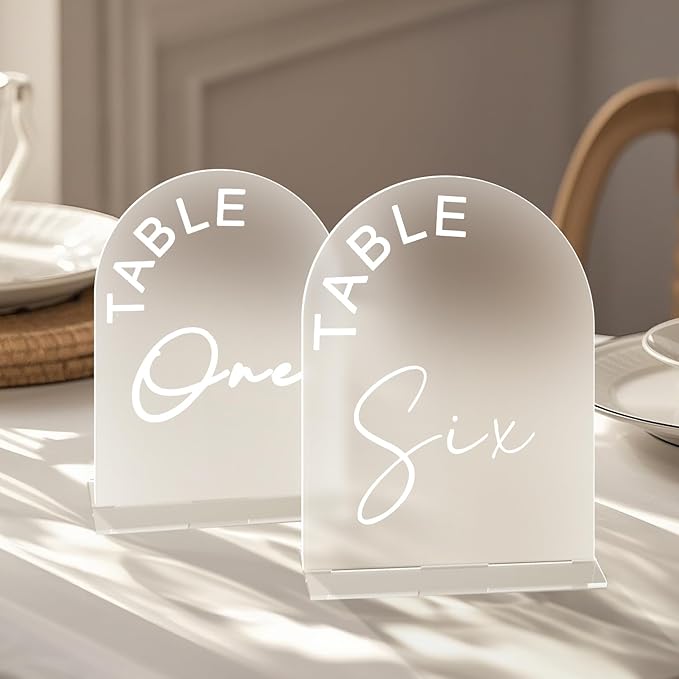 Frosted Arch Wedding Table Numbers 1-25 with Stands, 5x7 Inch Acrylic Arch Sign with Holder for Wedding Reception Table Centerpiece Decoration