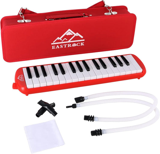 EastRock 32 Key Melodica Instrument Keyboard Soprano Piano Style with Mouthpiece Tube Sets and Carrying Bag for Beginners Adults Gift Red