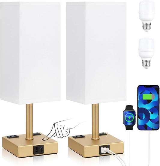 Gold Base Touch Lamps Set of 2 - Nightstand Lamp with USB-C + A Charge Ports & AC Outlets, 3-Way Dimmable Bedside Lamp, Small Table Lamp Light for Bedroom (Bulb Included)